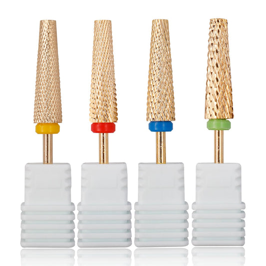 Mesee 4 Pieces Super Long 5 in 1 Nail Drill Bits, 3/32'' Shank Tapered Nail Bits Efile Safety Bits Professional Carbide Tungsten Bits for Nail Manicure Pedicure Cuticle Gel Polishing - Gold ﻿