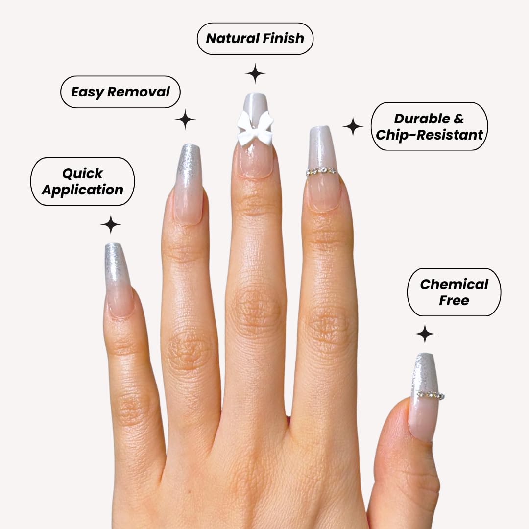 Perfect Look Press On Nails - Bridal Glow | No Glue One-Day Coffin Nails, Nude Gloss Finish Nails with Glitter French Tips - 24 Pcs Nail Kit with Adhesive Tabs