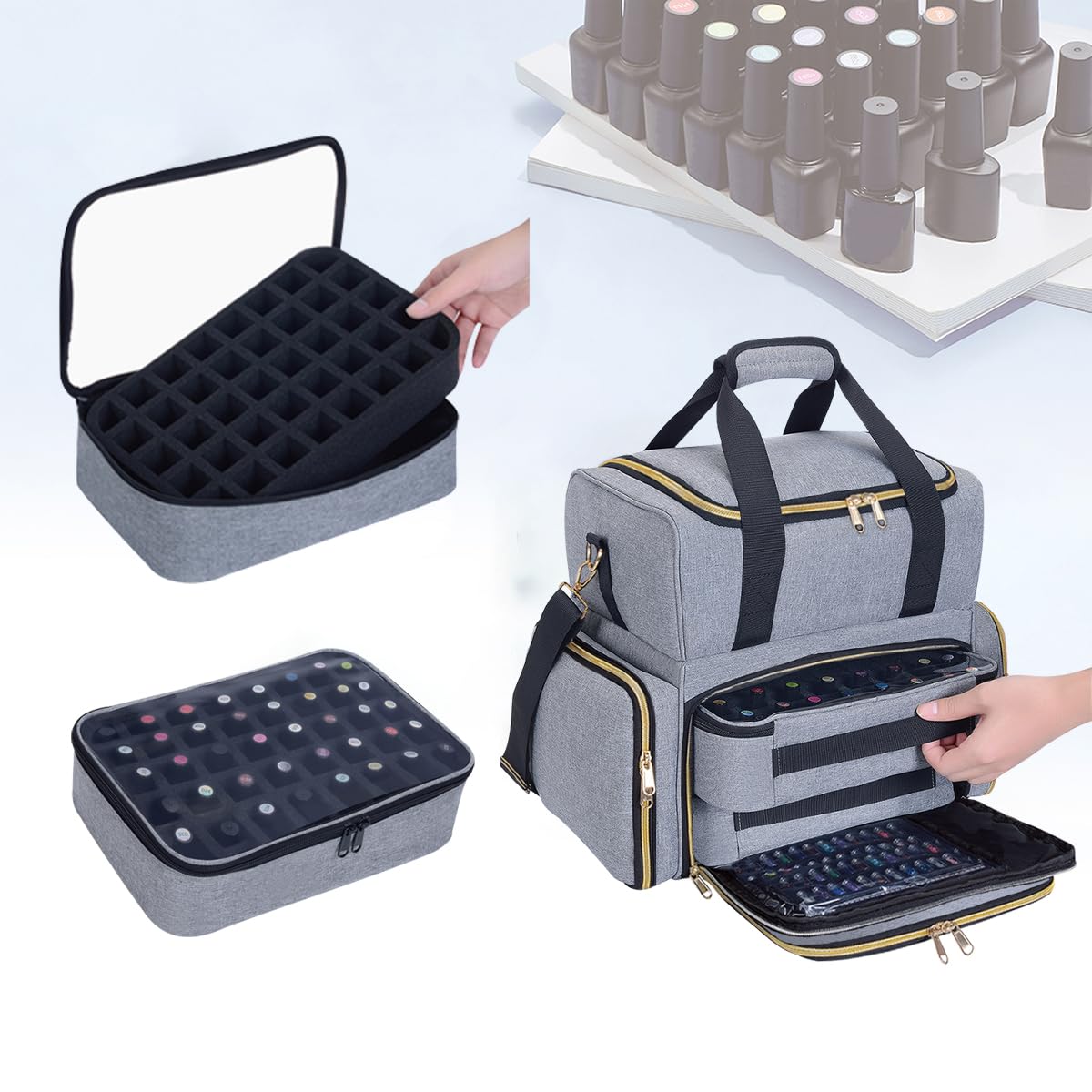 Nail Polish Organizer Case Holds 80 Bottles(15ml/0.5fl.oz) Portable Travel Storage Box with 2 Detachable Bags, Designed for Women's Nail Tools, Essential Oils and Cosmetics Sets(Grey)