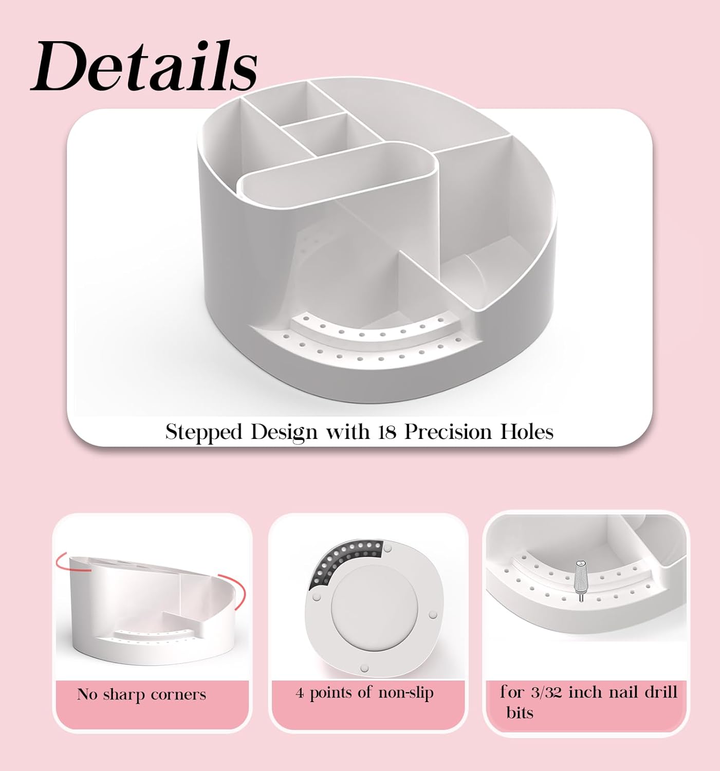 Nail Drill Holder 18 Hole Nail Drill Bit Holder Nail Organizer Professional Stand with 8 Compartments for Nail Tech Tools (Tools not included)