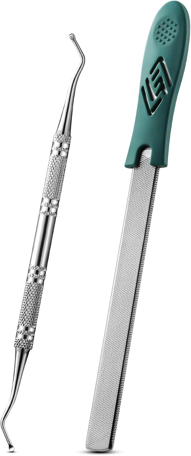 FVION Toenail File for Thick Nails and Toenail Lifter, 2pcs Stainless Steel Nail File and Ingrown Relief Set, Heavy Duty Metal Emery Board for Seniors, Men & Women Pedicure Tool (Green)