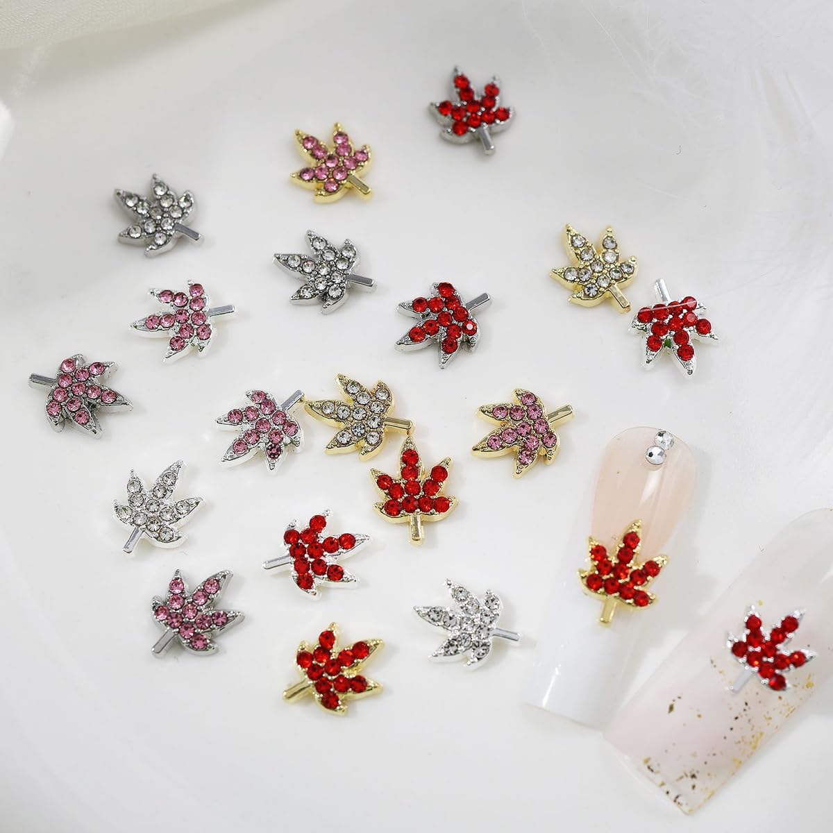 20 Pcs Fall Maple Leaf Nail Charms - Colorful 3D Alloy Crystal Maple Leaves Nail Rhinestones Mix Luxury Jewelry Gems for Women DIY Manicure