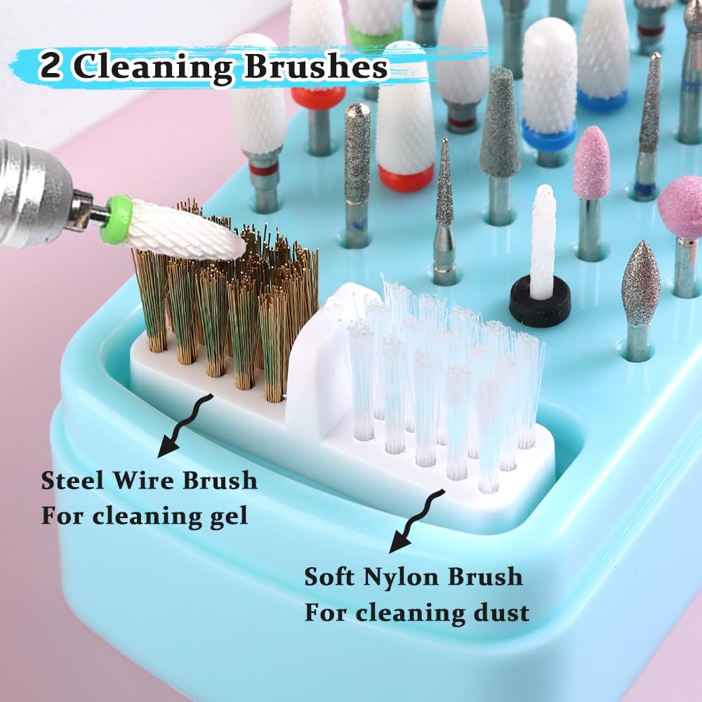 2 in 1 Nail Drill Bit Holder & Cleaner Brush Case, 30 Holes Dustproof Stand Display Organizer Container, Steel Wire & Nylon Double Brush for Cleaning Tungsten Carbide Ceramic Nail Drill Bits Cuticle
