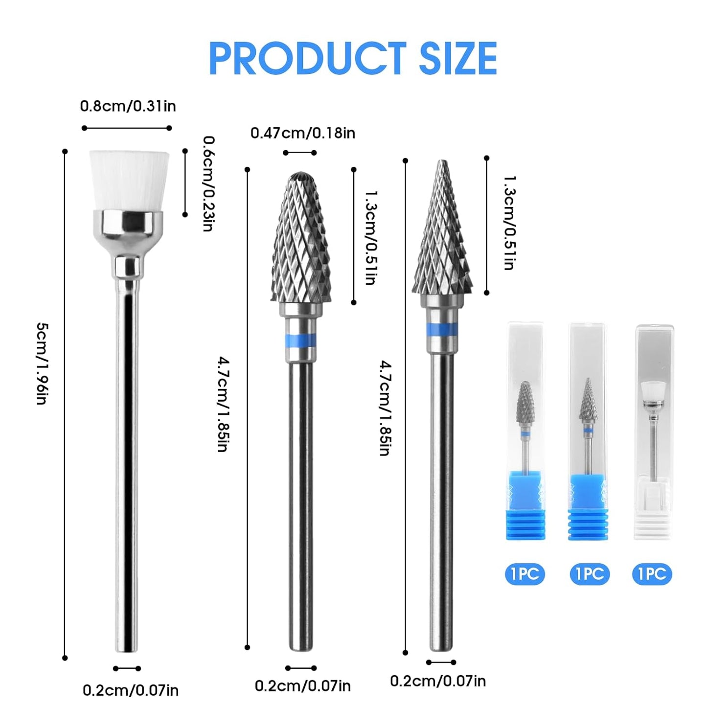 3 Pack Professional Carbide Nail Drill Bits Set with Cleaning Brush, 3/32" 5 in 1 Tungsten Safety Cuticle Bits for Manicure Pedicure Gel Polish Removal (Medium Teeth, Round & Pointed Head)