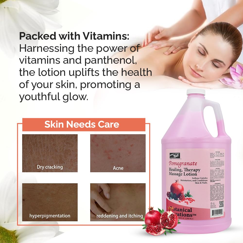 PRO NAIL - Healing Therapy Massage Lotion - Professional Pedicure, Body and Hot Oil Manicure, Infused with Natural Oils, Vitamins, Panthenol and Amino Acids (Pomegranate, 1 Gallon)