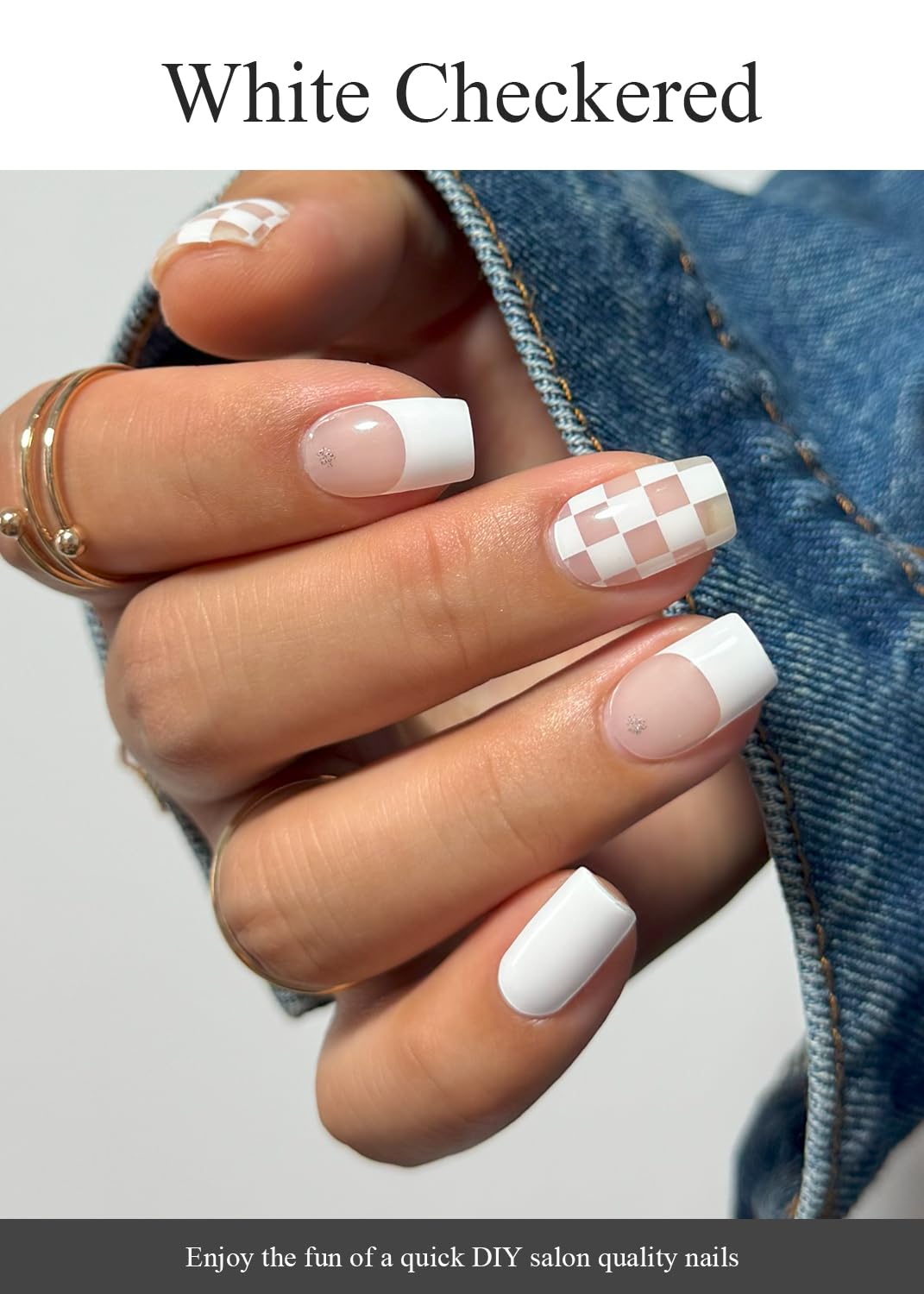 Semi Cured Gel Nail Strips (White Checkered), French, 20 Pcs Gel Nail Wraps, Stickers, UV Light Required, Salon Quality, Long Lasting