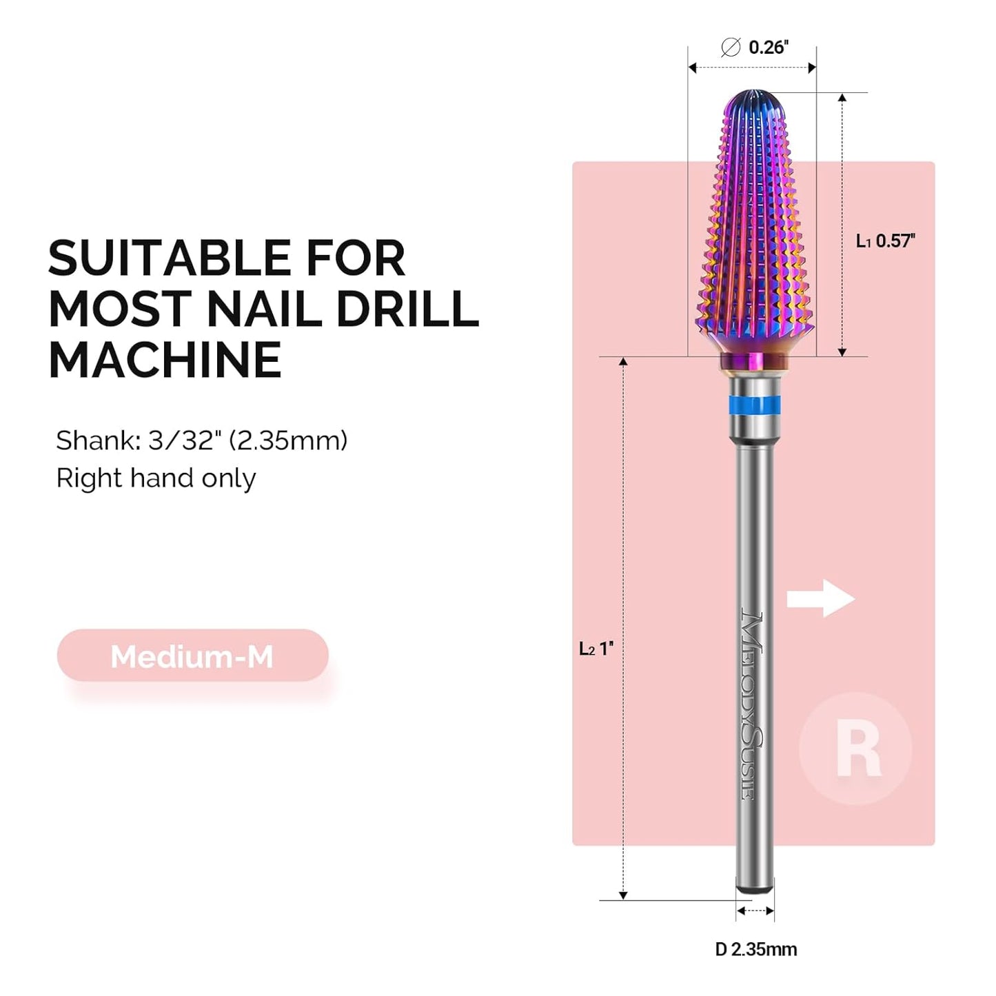MelodySusie Professional Tornado Nail Drill Bits, 3/32'' Carbide Tungsten Multi-function Bits, Suitable for Manicure Pedicure Cuticle Gel Polishing, Salon Bits, Purple, Series Bit-X, Medium