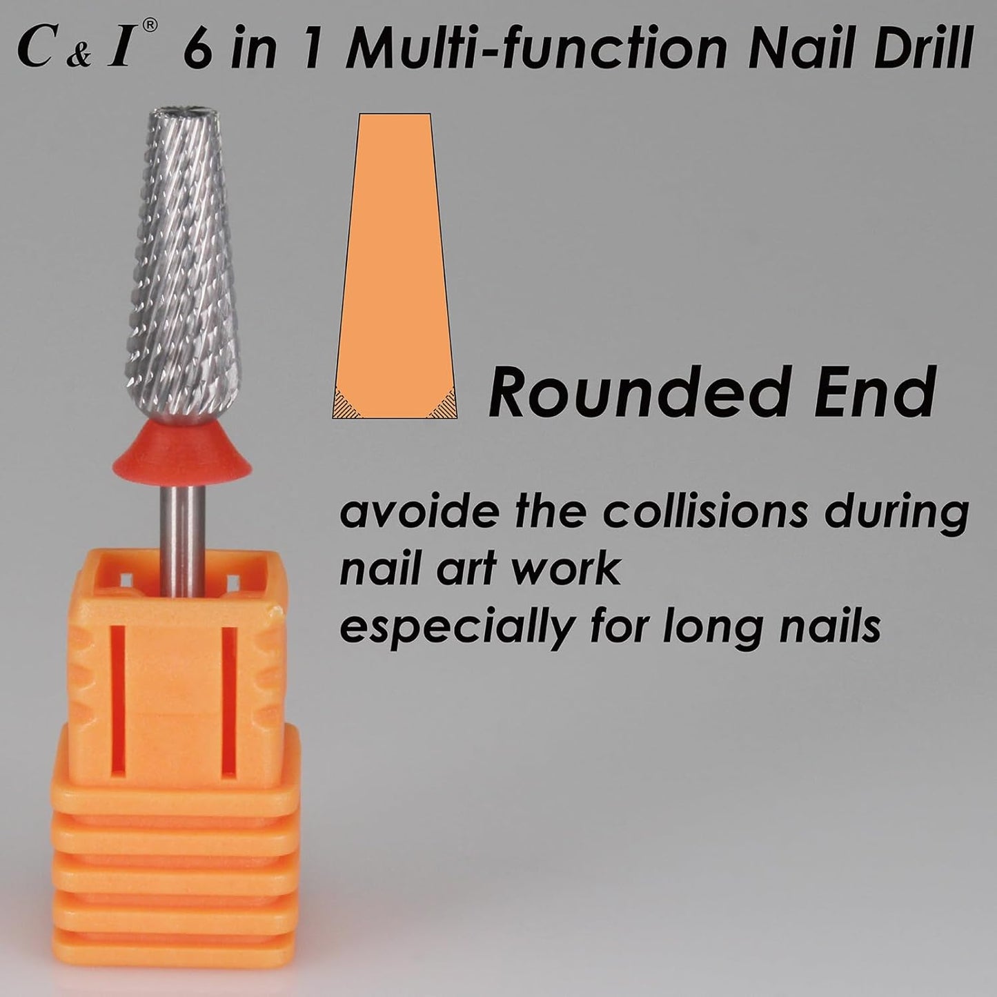 C & I Nail Drill Bit 6 in 1 Multi-function Rounded End E File, Tungsten Steel CNC Overall Cutting, Manicure Tool for Nail Tech Quick Remove Nail Gels, Acrylic Nails (Original, Fine -F)