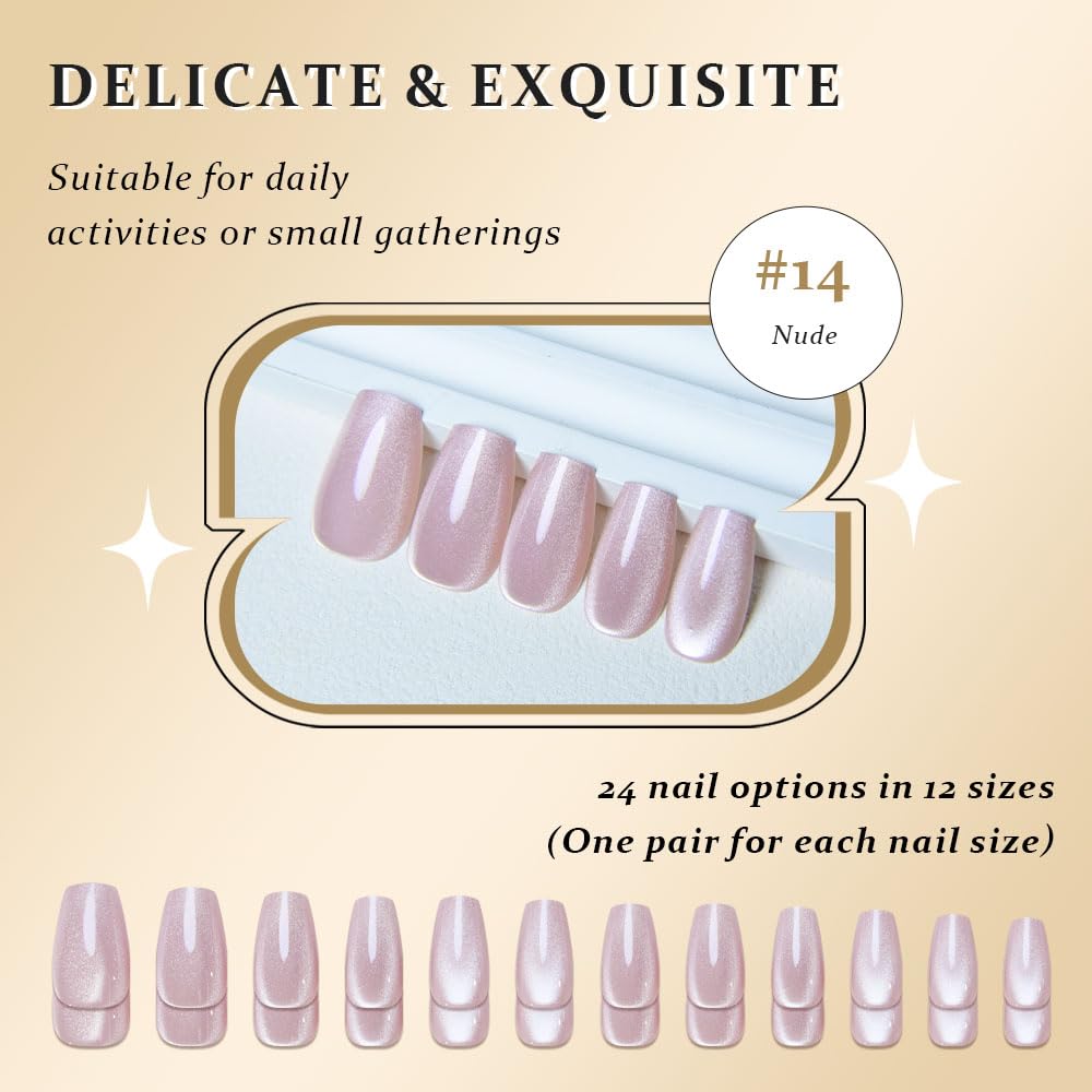 evpct Nude Cat Eye Coffin Press on Nails Square Medium, Medium Square Glue on Nail for Women Gift, Nude Metallic Glitter Glossy Reusable Summer Soft Gel Press on Acrylic Fake Nail with Designs