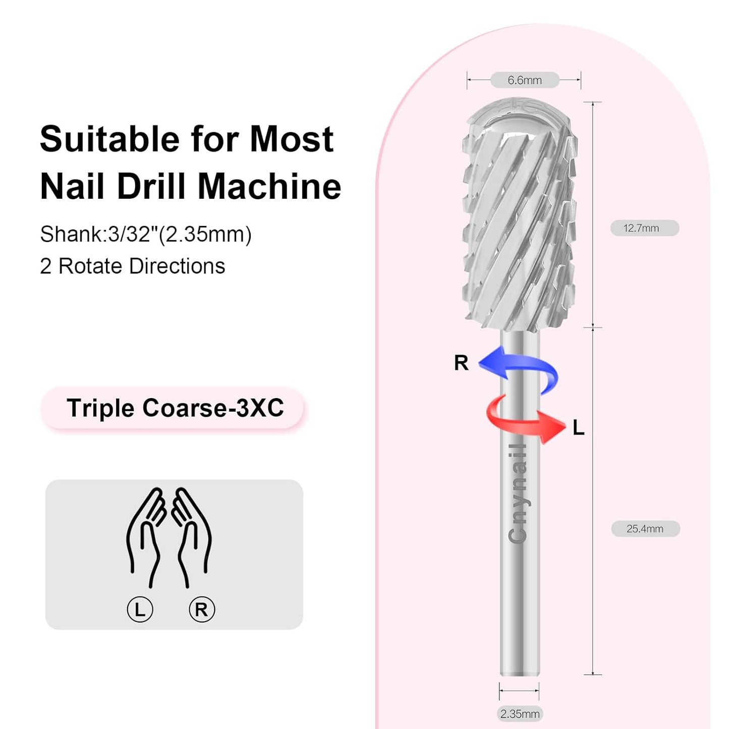 3/32" Large Barrel Smooth Round Top Tungsten Carbide Nail Drill Bit Safety Bit for Gel & Acrylic Removal, 2-Way Rotating Efile Tip, Salon Electric File Accessory (3XC Grit, Silver)