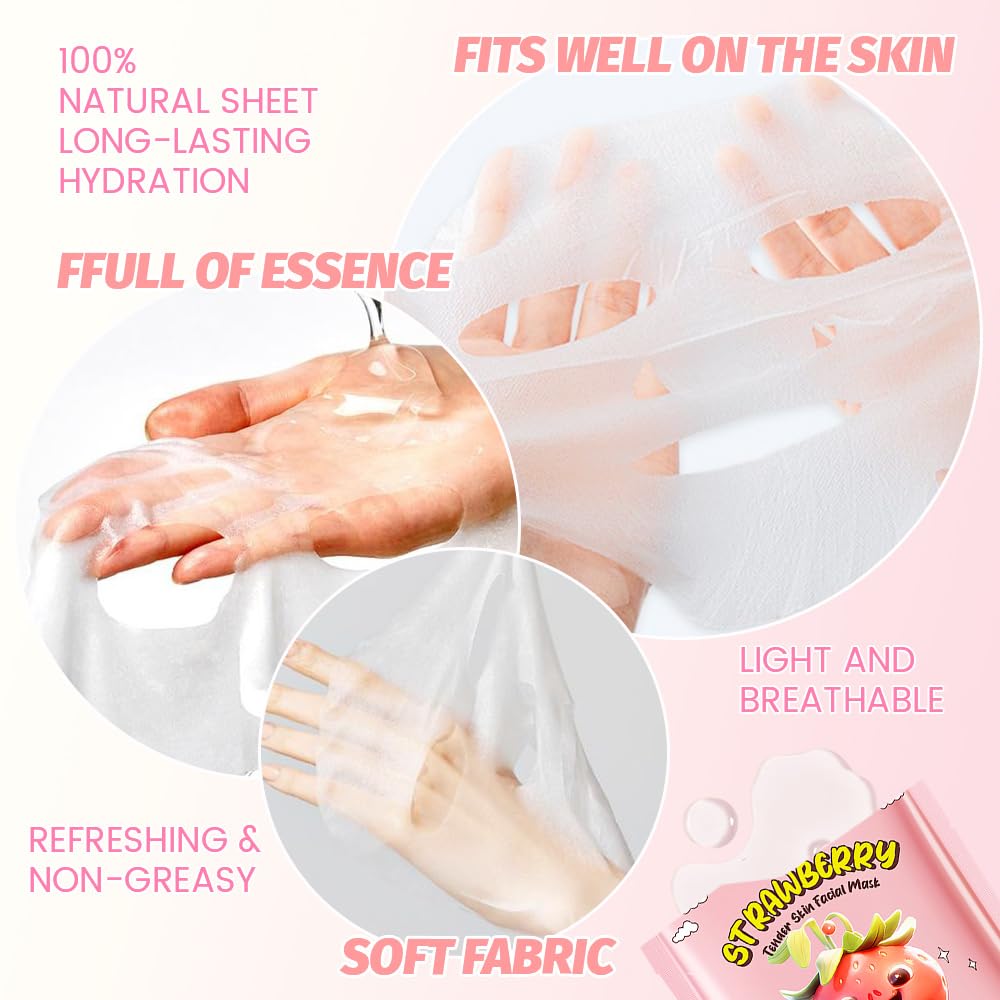 8 PCS Real Hydrating Nature Face Masks Skincare, Hyaluronic Acid, Vitamin C and E, Chamomile, Korean Beauty Essence Facial Paper Sheet Mask for Skin Care Moisturizing (Strawberry)