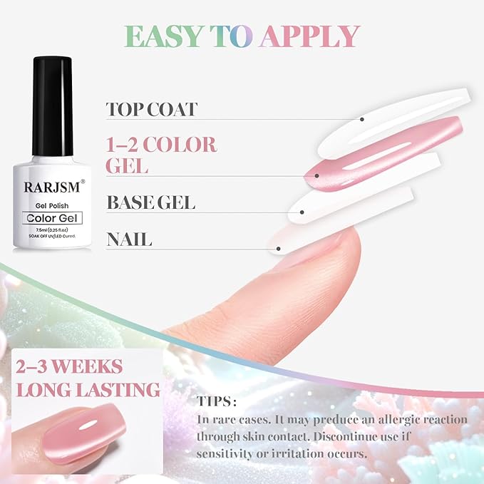 RARJSM Pastel Cat Eye Gel Nail Polish Set 6 Pcs Smoothie Ceramic Silver White Glitter Shimmer Purple Blue Green Nude Rose Pink Velvet Cateye Gel Polish with Magnetic Stick Soak off Curing Require