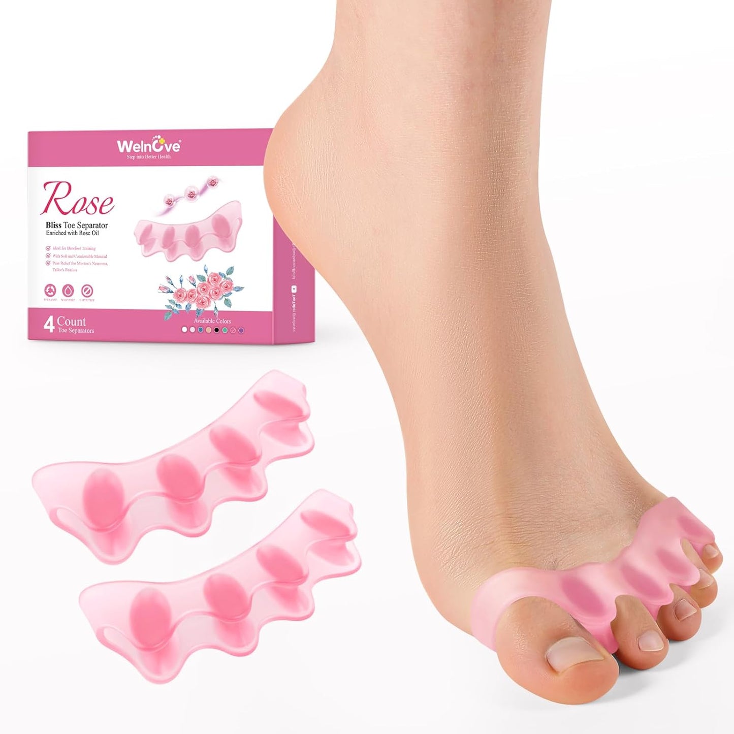 Welnove Toe Separators Spacers for Women - Toe Spreaders with Rose Extract, Toe Straightener for Women Men - Toe Stretcher for Walking, Running & Yoga Practice - Rose, 4 Pack
