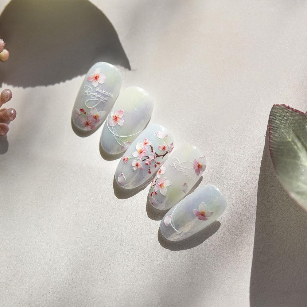 2 Sheets Flower Nail Stickers for Nail Art, 5D Embossed Self Adhesive Spring Summer Sakura Design Nail Supplies Decoration for Women Girl DIY Manicure Accessories