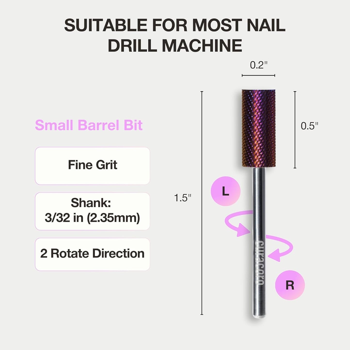 Curacoro Nail Drill Bits 3/32'' - Small Barrel Carbide Bit (Fine) for Professional Finish, Gently Remove, Buff & Polish Gel Nails, Nail Art Pedicure Manicure Salon & Home