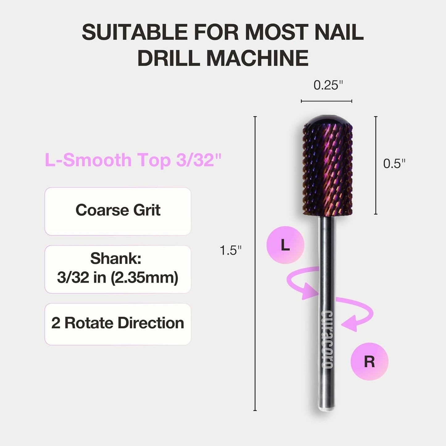 Curacoro Nail Drill Bits 3/32'' - L-Shaped Smooth Stop Barrel Carbide Bit (Coarse) for Professional Finish, Fast Remove, Shape & Smooth Acrylic or Gel Nails, Nail Art Pedicure Manicure Salon & Home