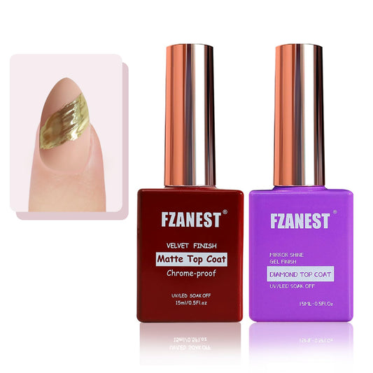 FZANEST Gel Top Coat Gel Nail Polish Matte Glossy Kit 15ml * 2PCS No Wipe Diamont Top Coat Chrome Proof Velvet Finish Good for Chrome Nail Powder Nail Art Design