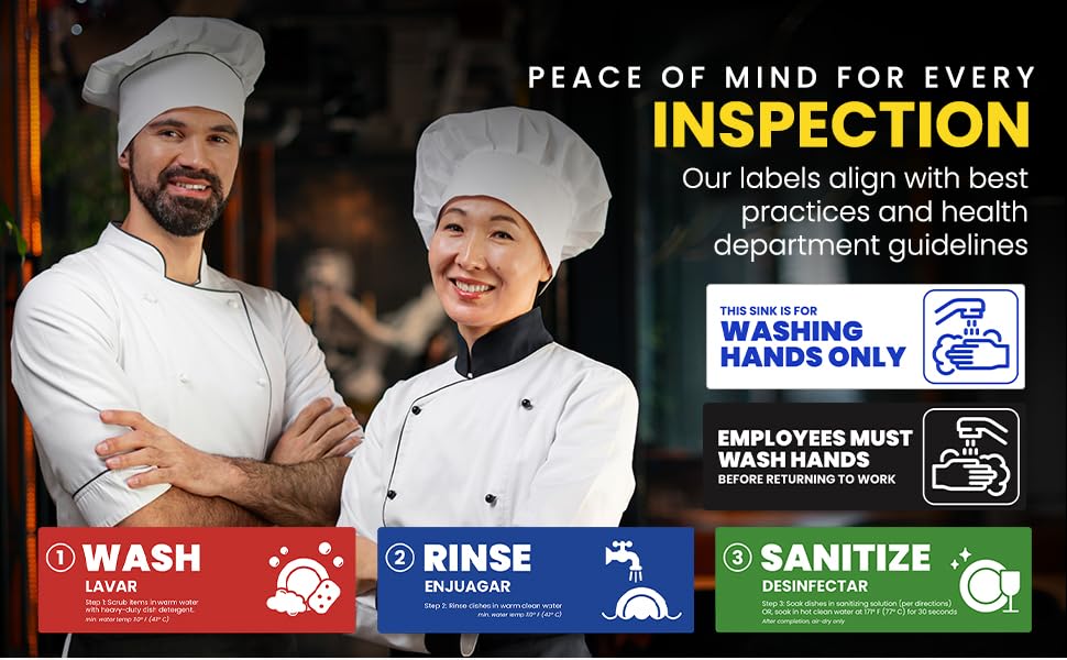 [Enhanced] Wash Rinse Sanitize Sink Labels, Hand Wash Only, and Employee Must Wash Hands | 3 Compartment Sink Stickers | Training Labels for Dishwashing | Food Service Operators (1 Set: 6 x 2 in)