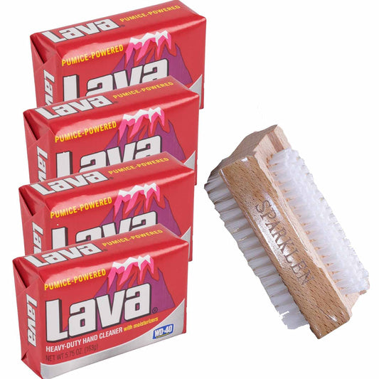 Lava Heavy-Duty Pumice Hand Cleaner soap with Moisturizers, 4-bars [5.75 OZ each] with a Compatible Wooden Nail Brush