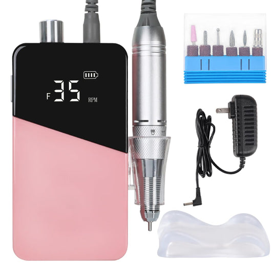Electric Nail Drill Machine 35000RPM Professional Portable Nail File Cordless Rechargeable Nail Efile for Acrylic Gel Nails Manicure Pedicure Polishing Shape Tools for Salon (Pink)