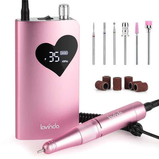 Lavinda Electric Nail Drill Machine, 35000RPM Professional Nail File Cordless Rechargeable Nail Efile for Acrylic Gel Nails (Pink 910)