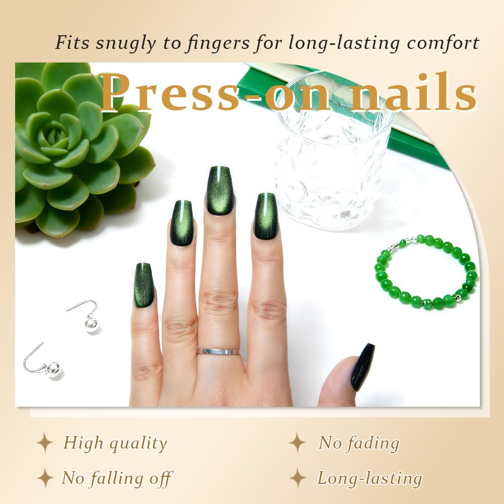 evpct Emerald Green Cat Eye Coffin Press on Nails Square Medium, Medium Square Glue on Nail for Women Gift, Green Metallic Glitter Glossy Reusable Soft Gel Press on Acrylic Fake Nail with Designs