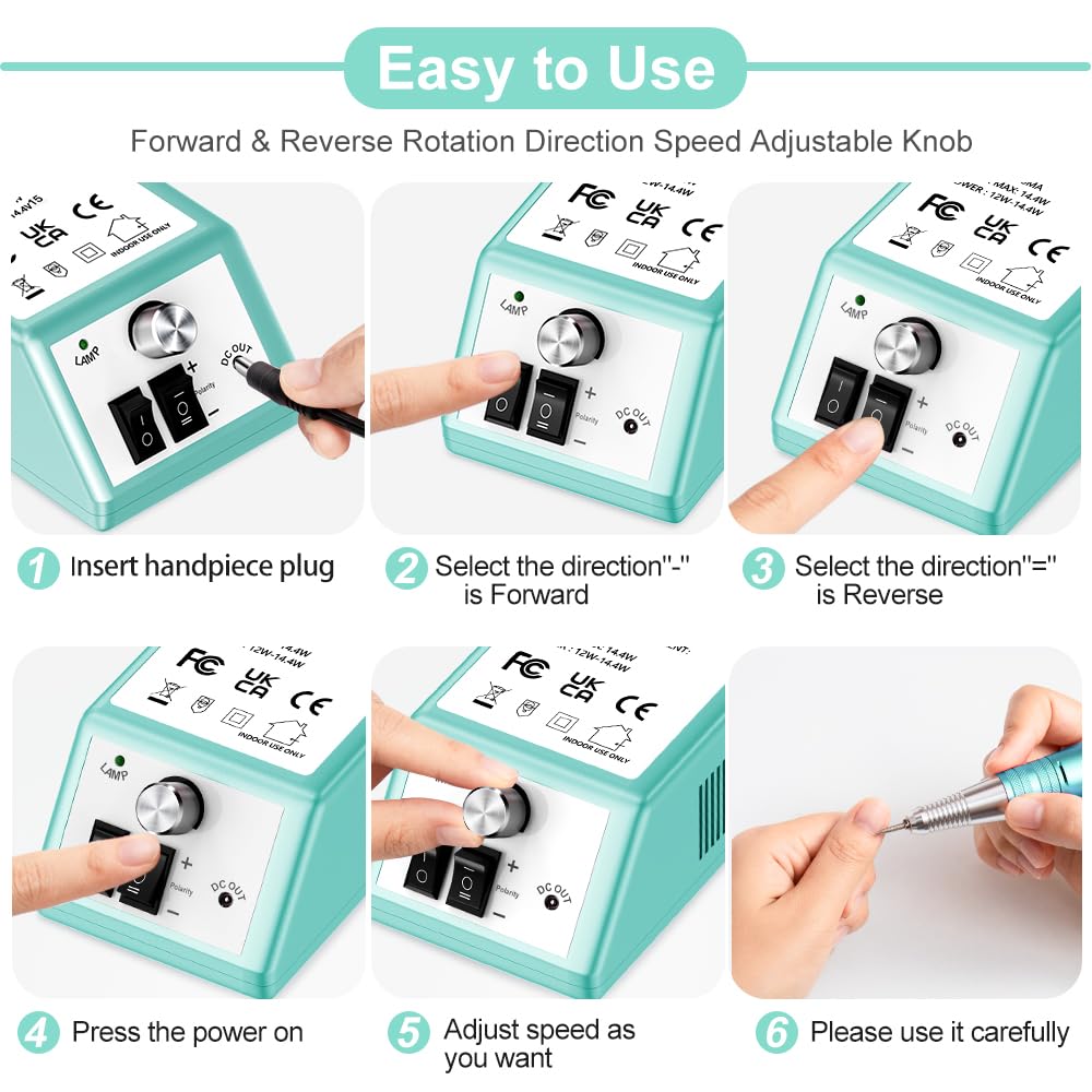 Professional Nail Drill Machine 30000 RPM Efile Electric Nail Filer Kit for Finger Toe Nails, Acrylic Gel Dip Nails, Manicure Pedicure Drill with 6Pcs Bits and 106Pcs Sanding Bands, Green