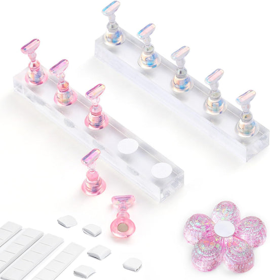 Etercycle Nail Stand Acrylic Nail Art Display Stand Practice Nail Holder for Painting Nails Magnetic Practice Stands with Reusable Putty (Pink Clear)