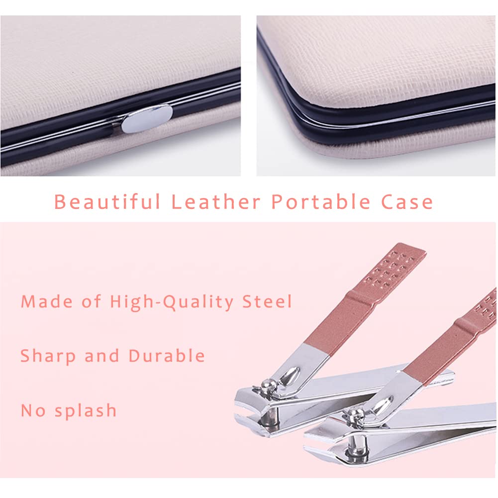 Pink Manicure Set Beauty Tool Portable - Nail Clipper Pedicure Grooming Kit Stainless Steel 7 in 1 Luxury Leather Travel Case, for Woman Girl Home Travel Gift Giving