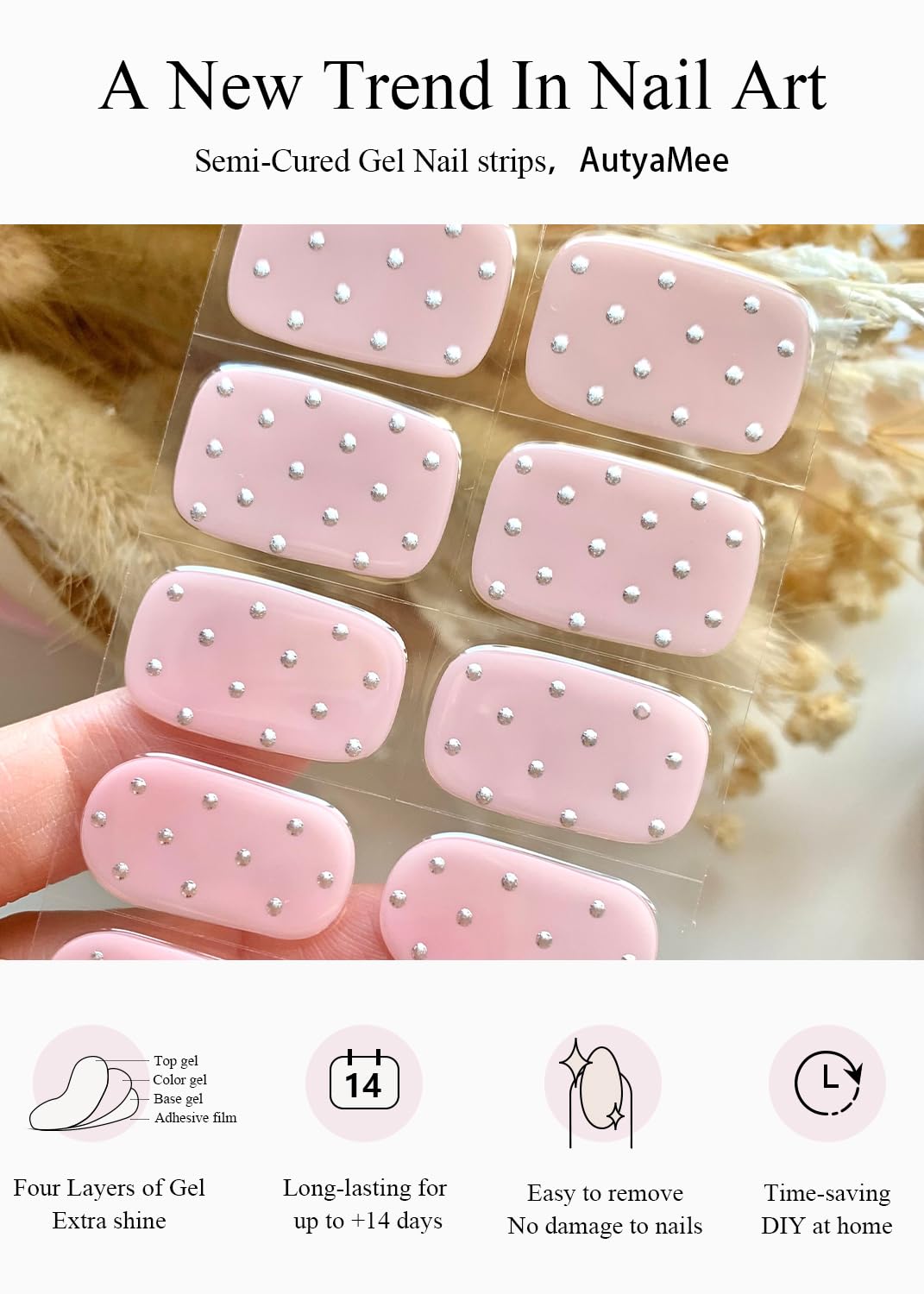 Semi Cured Gel Nail Strips (Pink Diamond), 20 Pcs Gel Nail Wraps, Stickers, UV Light Required, Salon Quality, Long Lasting