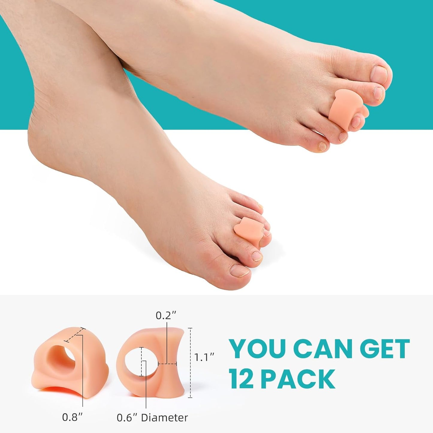 Toe Separators for Women Gel Toe Separators for Overlapping Toes, Bunions, Big Toe Alignment, Corrector and Spacer, Preventing Rubbing Relieve Pressure (Medium, 12 Pack, Beige)