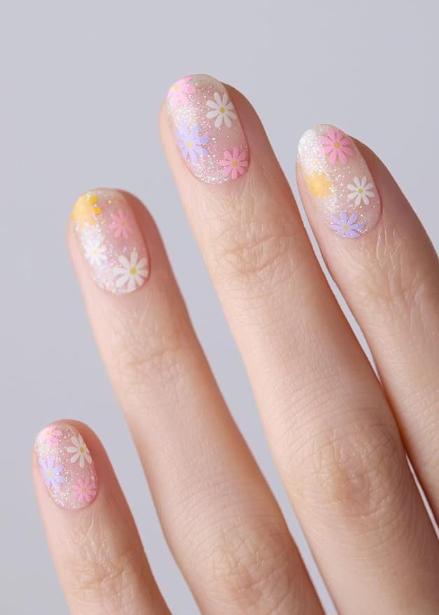 ohora Semi Cured Gel Nail Strips (N Daisy Disco) - Rainbow, Works with Any UV/LED Lamps, Salon-Quality, Long Lasting, Easy to Apply & Remove - Includes 2 Prep Pads, Nail File & Wooden Stick