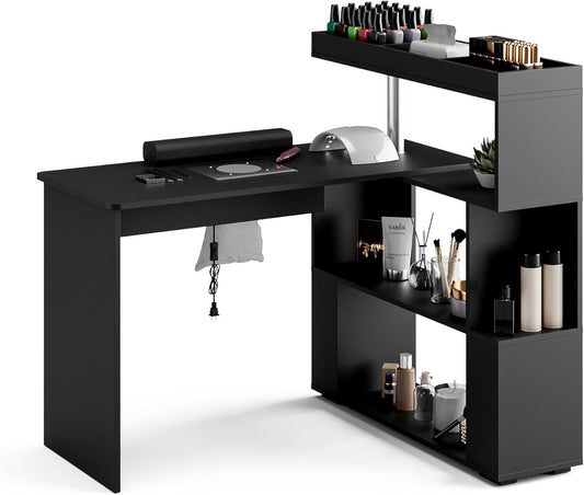 Manicure Table, L-Shaped Nail Tech Desk with Dust Collector, Reversible Rotating Table & Storage Shelf, Acetone Resistant Beauty Salon Station, Black