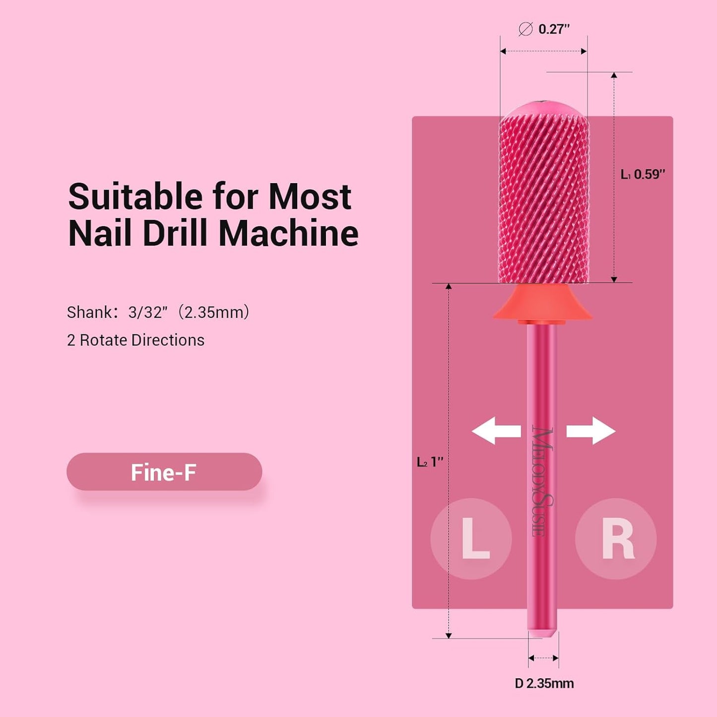 MelodySusie Safety Nail Drill Bits, 3/32'' Smooth Round Top Large Barrel Carbide Bits, Suitable for Manicure Pedicure Cuticle Gel Polishing, Beginners Bits, Pink Blossom, Series Bit-S