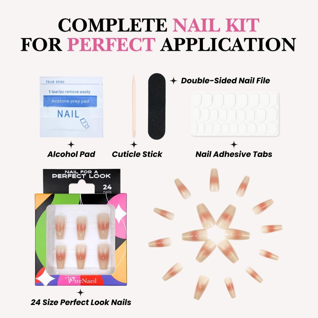 Perfect Look Press On Nails - Coral Blush | No Glue One-Day Medium Coffin Nails, Blush Pink Nude Nails with Glossy Finish - 24 Pcs Nail Kit with Adhesive Tabs