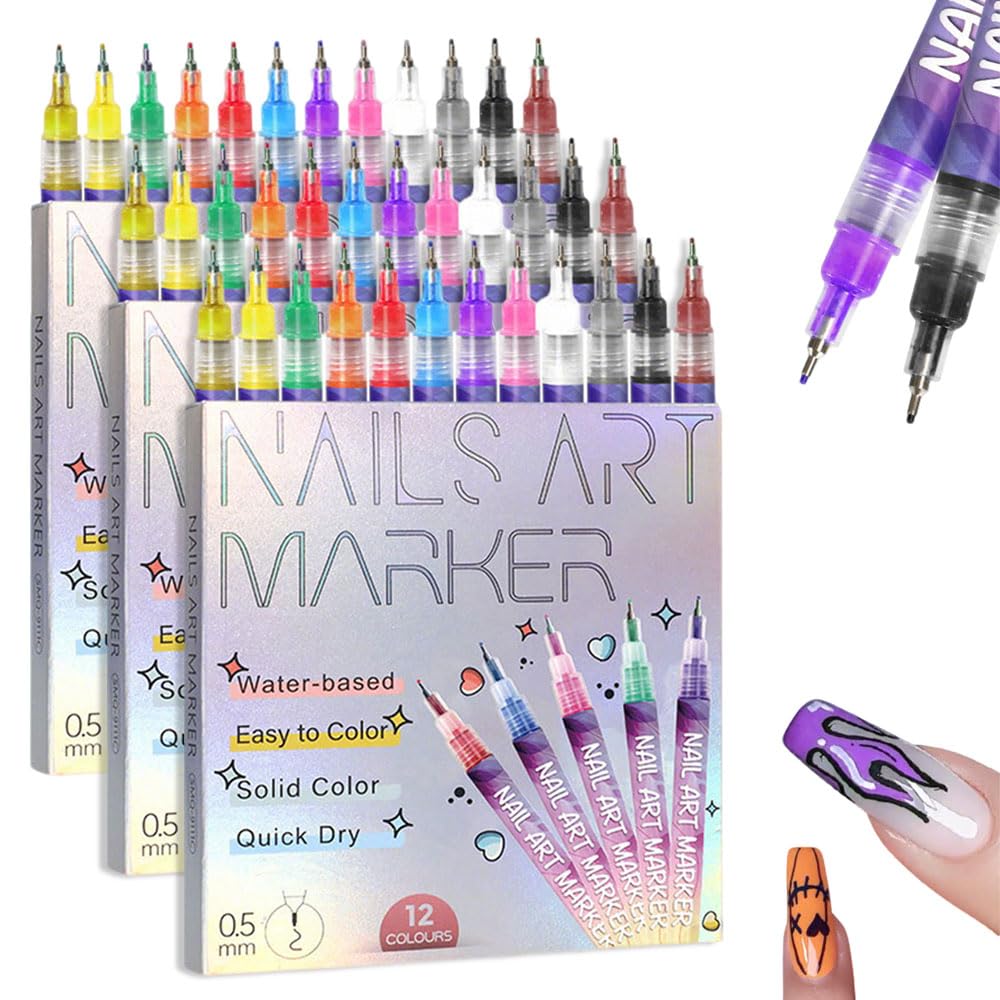 12 Colors Nail Art Pens Set, 2025 Upgrade Nail Art Markers for Gel Nails, DIY Nail Art Marker Drawing Painting Liner Pen, Nail Art Tools for Graffiti Dotting Drawing Painting Point Liner DIY (3 Sets)
