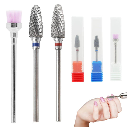 3 Pack 3/32" 5 in 1 Nail Drill Set, Tungsten Carbide Cuticle Remover & Safety Bits with Cleaning Brush, Professional Coarse Drill for Manicurists, Nail Salon, Pedicure & Gel Polishing
