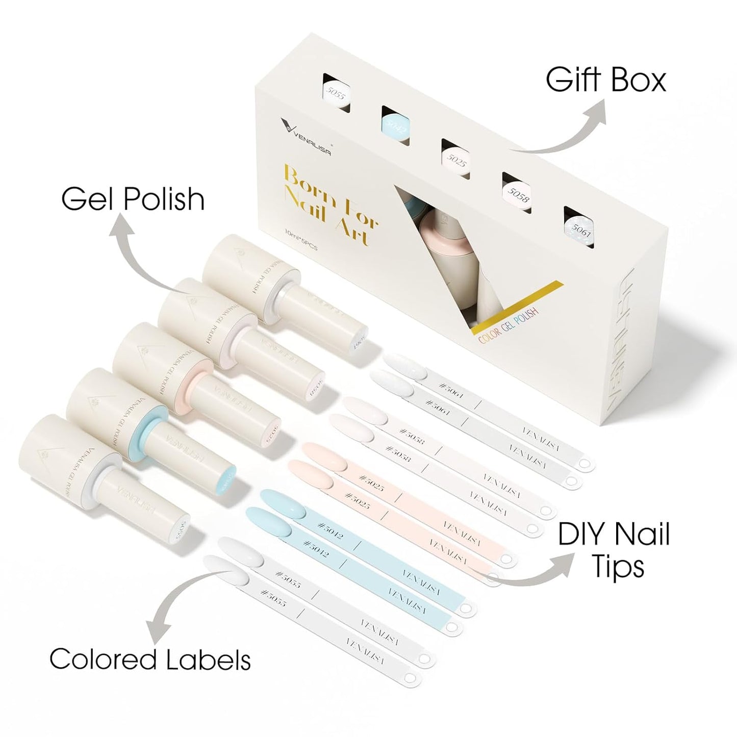 VENALISA Gel Nail Polish Set, 5 Colors 10ML Gel Polish Kit Nude Pink Blue Milky White Glitter Soak Off Salon Manicure DIY at Home Nail Art For Girls Women