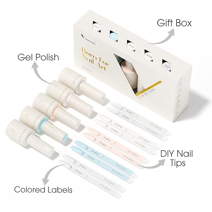VENALISA 10 ML White Gel Nail Polish Set with DIY Nail tips Kit, 5Pcs White Blue Baby Pink Red Glittle Pastel Gel Polish Color High Gloss Soak Off U V Nail Manicure Salon DIY