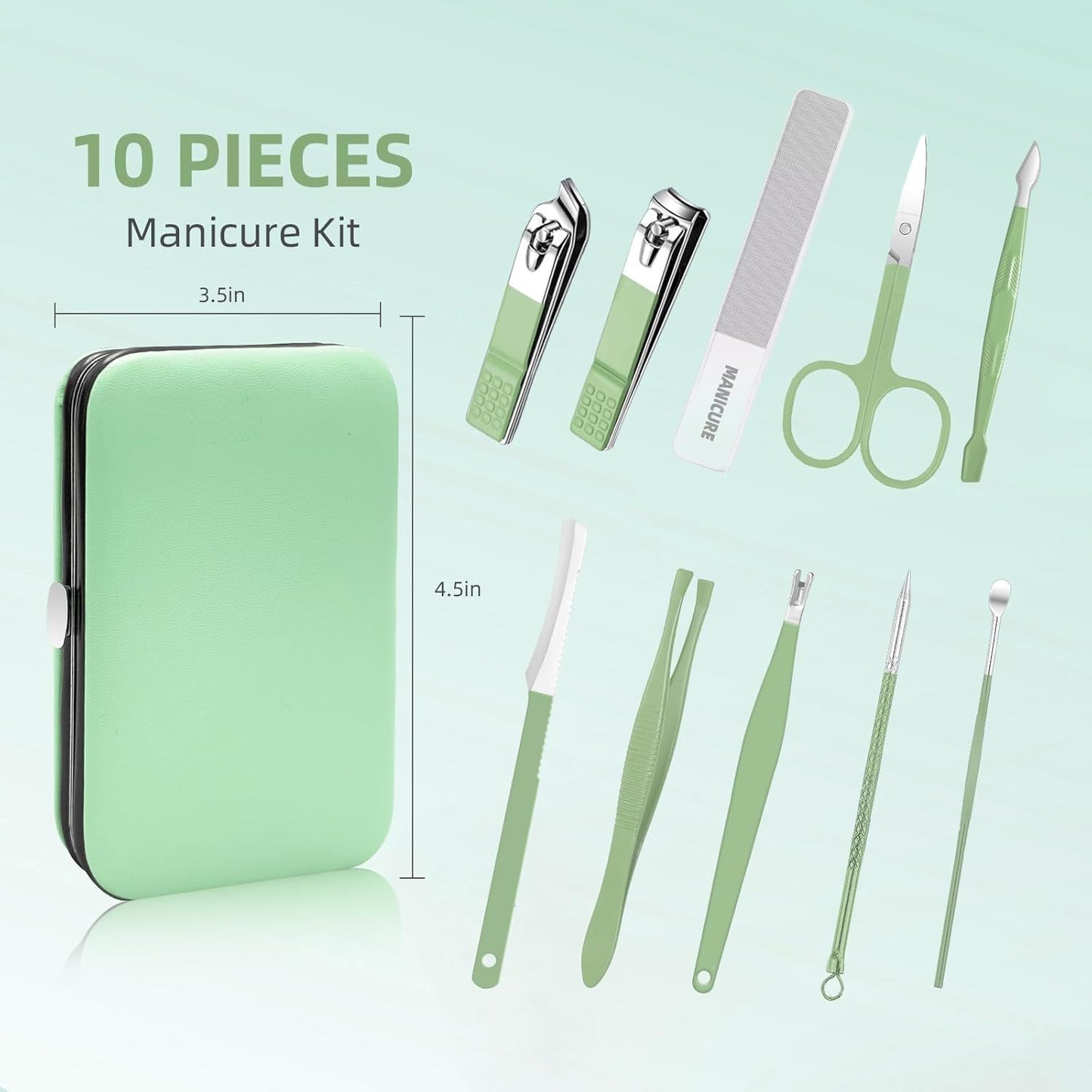 Manicure Set Professional Nail kit, Andrea 10 pcs mens manicure kit and Grooming kit, Nail Care Tools with Luxurious Travel Leather Case for Thick Nails Men Gift (green)