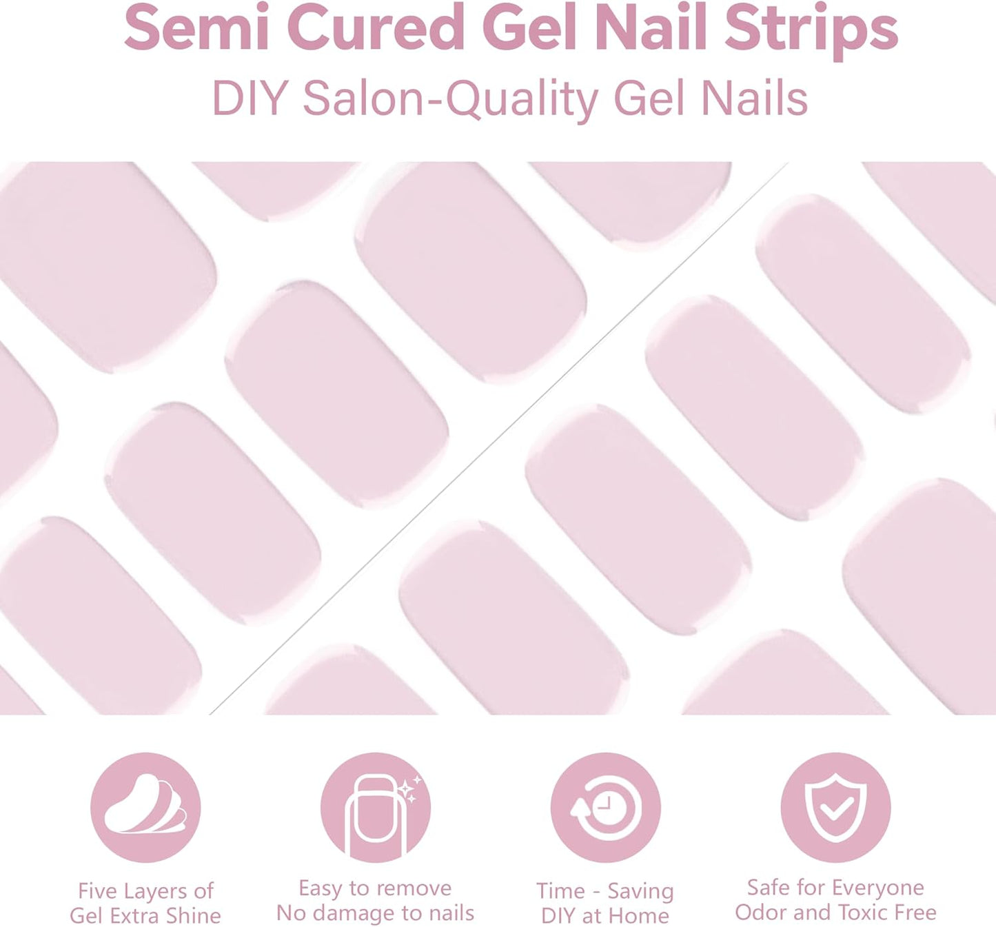 Semi Cured Gel Nail Strips-Salon Shine at Home,Easy Application and Removal,18 Size Press On Nails Kit with Nail File,Works with Any UV/LED Lamps(Bare Pink)