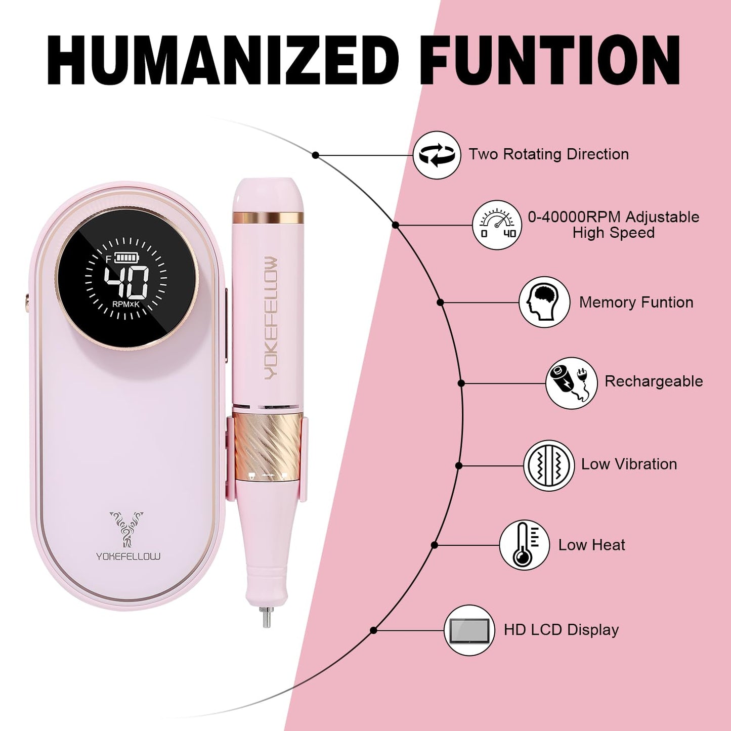 YOKE FELLOW Nail Drill Machine - 40000 RPM Electric Nail File Nail Drills for Acrylic Nails Professional with 12 Drill Bits Manicure Pedicure Polishing Nail Drill for Home Use