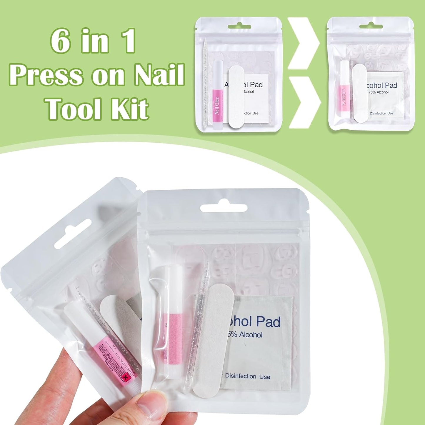 Press On Nail Tool Kit with Everything, Bebbtiy Press On Nail Prep Tool Kit Disposable Manicure Kit with Nail File, Nail Glue, Prep Pads, Adhesive Nail Tabs, Wood Stick, Packaging Bag (20pcs-white)