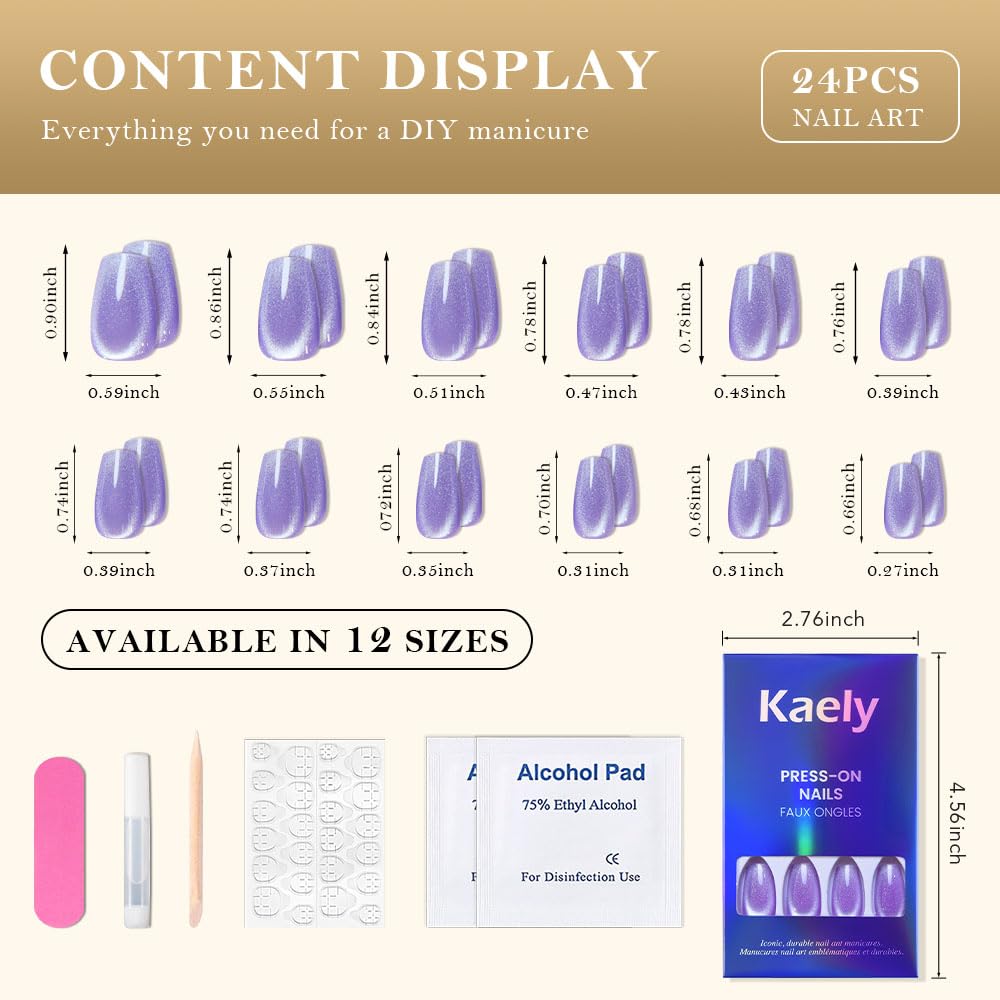 evpct Violet Purple Cat Eye Coffin Press on Nails Square Medium, Medium Square Glue on Nail for Women Gift, Purple Metallic Glitter Glossy Reusable Soft Gel Press on Acrylic Fake Nail with Designs