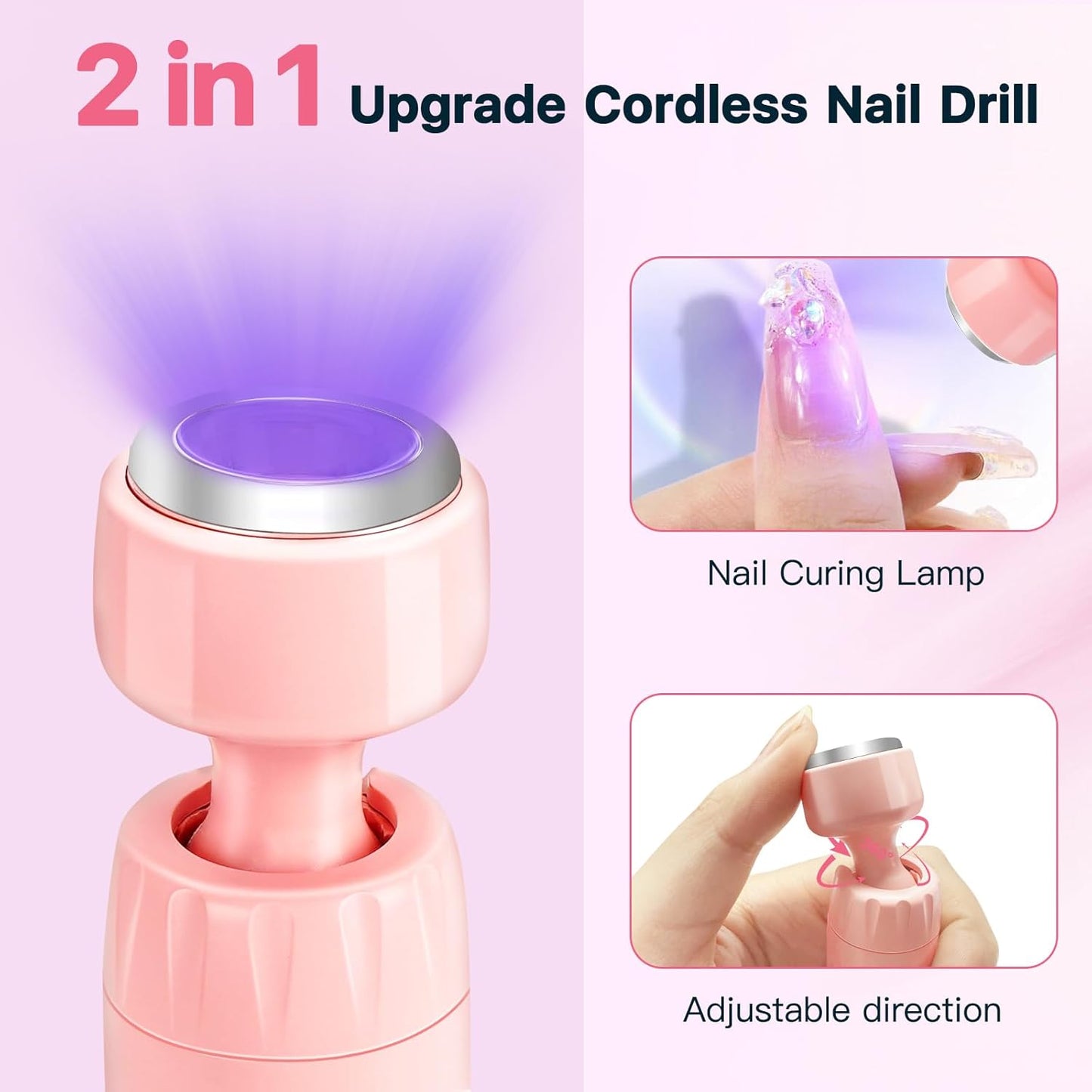 Cordless Electric Nail Drill Kit with Built-in UV Lamp, 2-in-1 Multi-Function Efile with Adjustable Speed & LCD Display, Quiet Portable for Acrylic/Gel Rechargeable Nail File Manicure Pedicure(Pink)