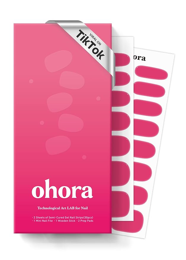 ohora Semi Cured Gel Nail Strips (N It's That Pink) - Works with Any Lamps, Salon-Quality, Long Lasting, Easy to Apply & Remove - Includes 2 Prep Pads, Nail File & Wooden Stick