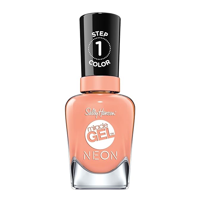 Sally Hansen Miracle Gel Neons Salon Quality Nail Polish | Gel-Like Formula, Two-Step System, No UV Light Needed, Long Lasting | Opaque | 51 Peach Please| Neon Peach Nail Color