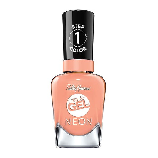 Sally Hansen Miracle Gel Neons Salon Quality Nail Polish | Gel-Like Formula, Two-Step System, No UV Light Needed, Long Lasting | Opaque | 51 Peach Please| Neon Peach Nail Color