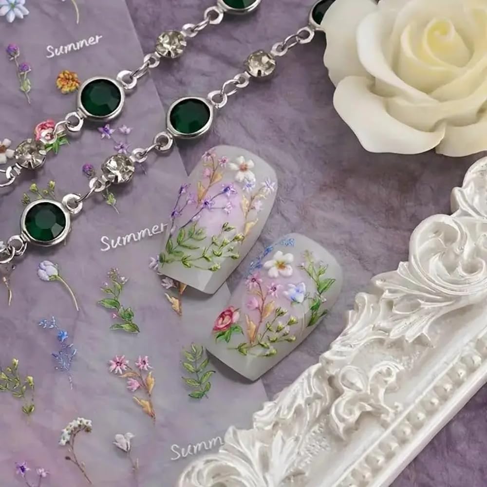 1Pcs Little Wild Flower Nail Stickers Small Daisy Nail Decals 5D Embossed Wildflower Nail Art Stickers Spring Summer Pink Yellow Blue White Green Flower Design Nail Art Decoration for Women Girls Kids