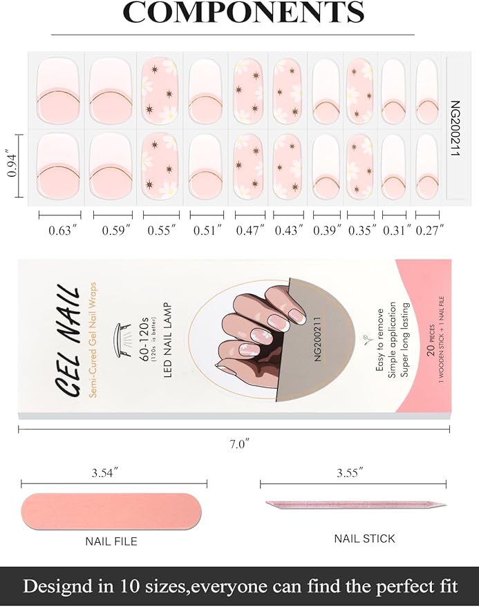 EBANKU 20Pcs Semi-Cured Gel Nail Strips, French Flower Nail Sticker, Lasting Waterproof Full Wraps Stickers for Salon Manicures, Perfect for Women, Girl with File and Stick